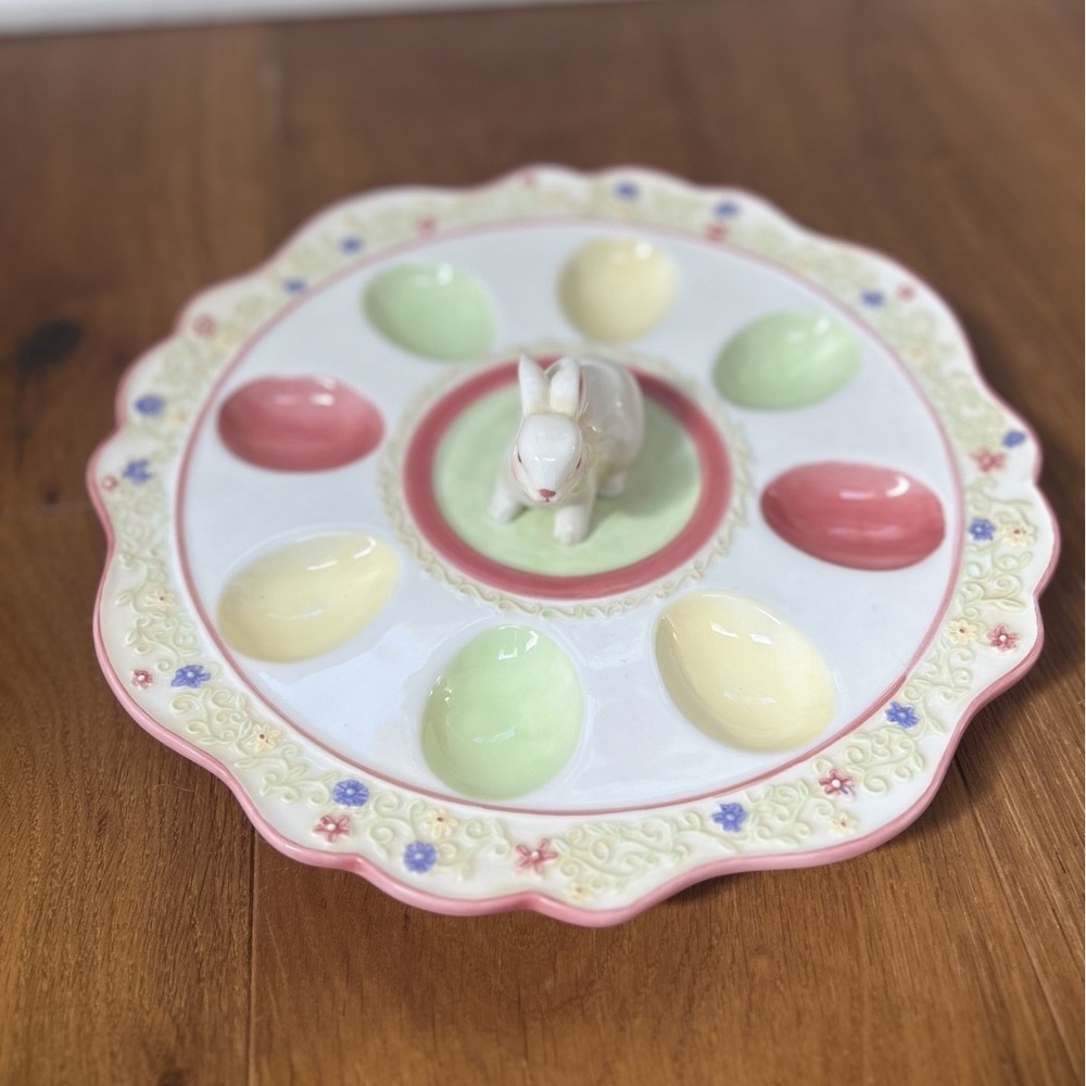 Easter Bunny Deviled Egg Plate Pastel Spring Platter 8 Eggs  11.5"  Pansies